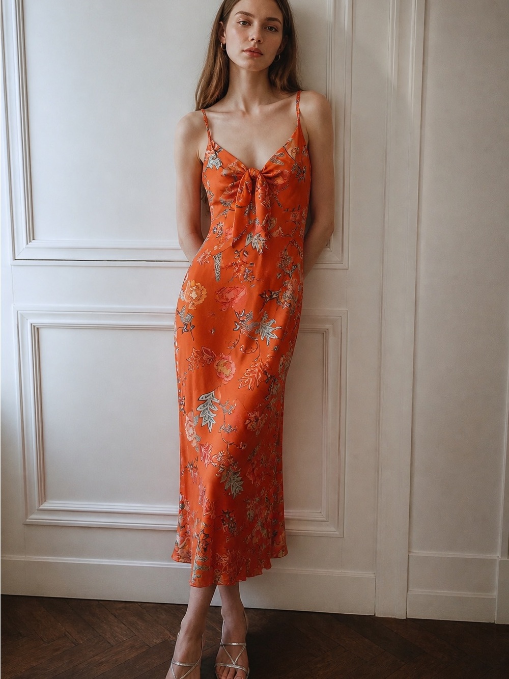 Orange Floral Slip Dress with Tie Front